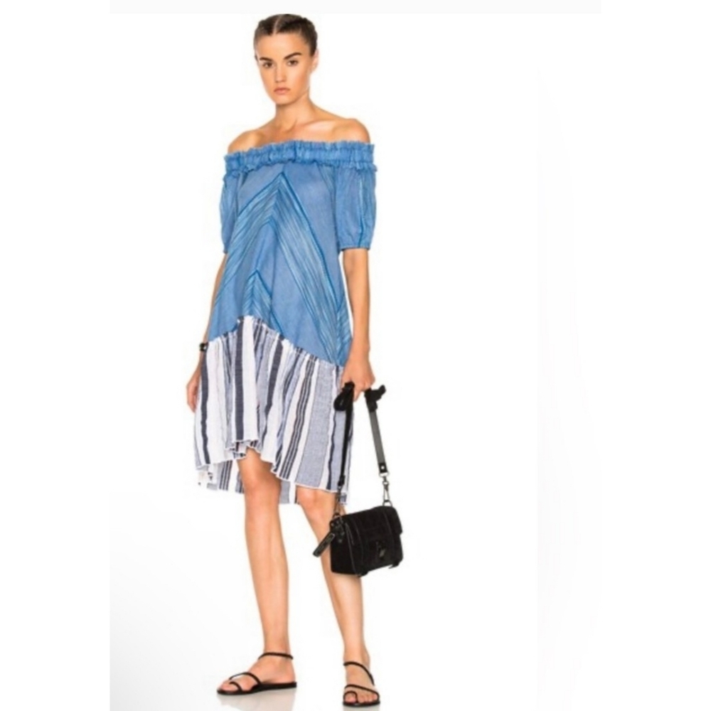 LEMLEM Chevron Stripe & Gauze Off Shoulder Dress M